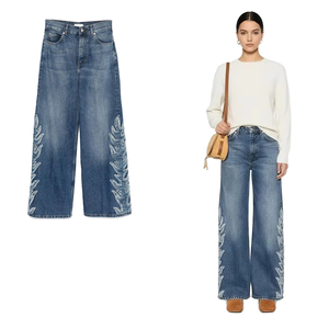 Jeans amples pour femmes en denim délavé moyen <span class=keywords><strong>avec</strong></span> broderie latérale, 100 % coton, vente en gros OEM - Product Image 1