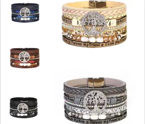 women shiny crystal stone pearl leather wrap bracelet family life tree leather bracelets magnetic closure leather bracelets