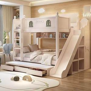 Lit superposé de style château en bois massif européen, double sur double, avec 2 tiroirs, 3 étagères et glissière pour lit mezzanine double - Product Image 3