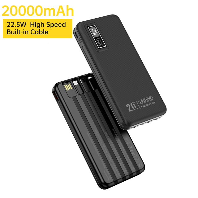 Aspor A301 PD Portable 20000mAh  Power Banks Fast Charger 4 in 1 Built in Cables Powerbank
