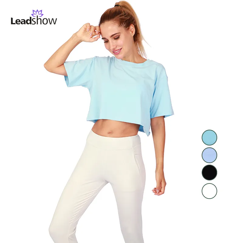 Özel Logo sıcak satış bayanlar spor hızlı kuru gevşek uydurma Crewneck kırpma üst grafik Tee spor salonu artı boyutu beyaz tişört için kadın