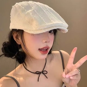 หมวกเบเร่ต์ขอบรุ่ย หมวกผ้าแคนวาสสำหรับทุกเพศ ผ้าฝ้ายระบายอากาศได้ดี หมวกกันแดดฤดูใบไม้ผลิฤดูร้อน สีขาว สีดำ สีกากี สีชมพู MZ25-685 - Product Image 2