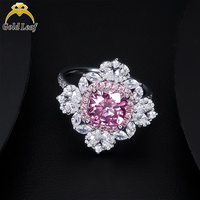 Goldleafgems Yuvarlak Pembe Mozanit Çift Hale Çiçek Şeklinde Gösterişli Yüzük 925 Ayar Gümüş Lüks Kadın Parti İnce İşçilikli Mücevher