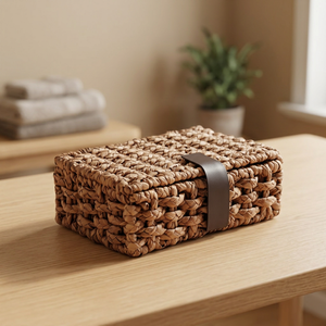 Water Hyacinth <b>Wicker</b> Natural Decorative <b>Storage</b> <b>Basket</b> <b>Lid</b> Rectangular Handwoven Shelf Box for Home Organization Desktop Decor - Product Image 2