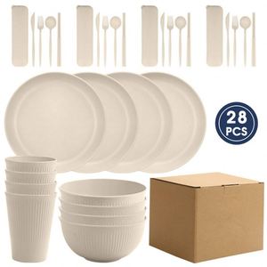 Ensemble de vaisselle en paille de blé avec logo personnalisé, boîte cadeau, 28 pièces, bol, assiette et tasse - Product Image 2