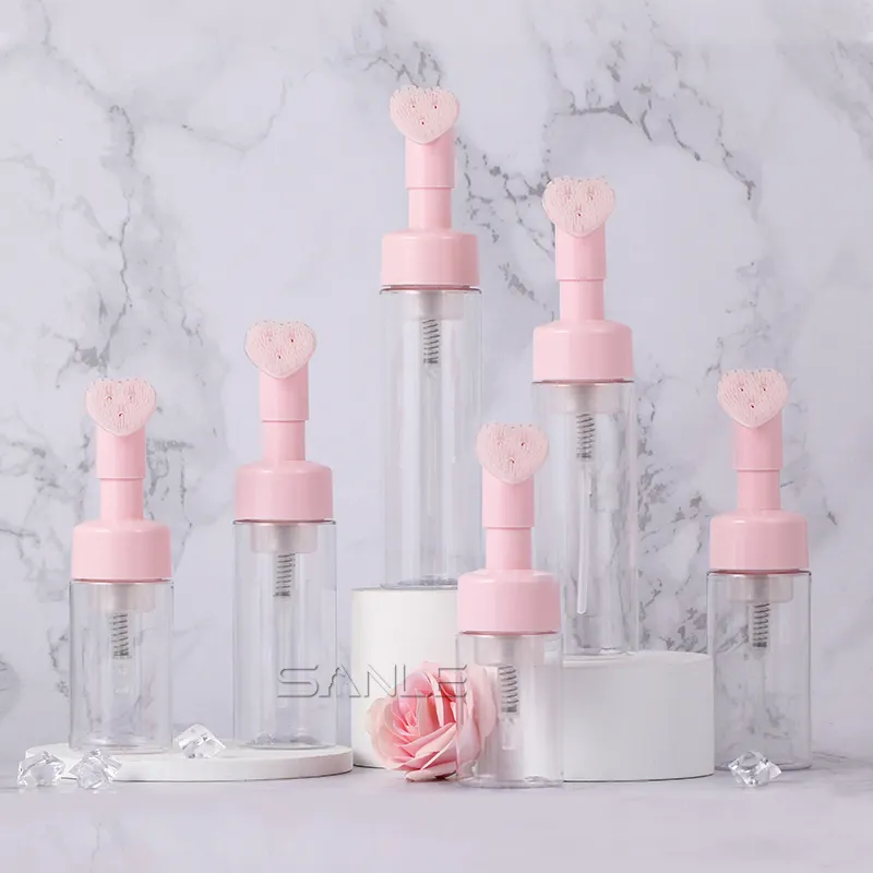 Colore personalizzato 80ml 100ml 120ml 150ml 200ml 220ml rosa lash shampoo bottiglia schiuma lavaggio confezione cosmetica con pennello a forma di cuore