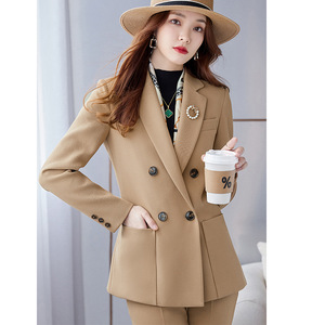 Women's Double Breasted Apricot Suit Set Full Sleeve Polyester Spring Office Lady Anti Wrinkle Two Piece - Product Image 3