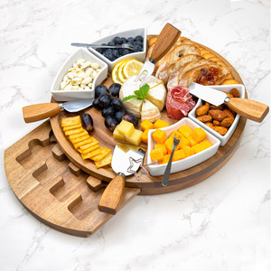 Acacia Wood Round <b>Cheese</b> Tray With Pull Out Board And Stainless Steel <b>Knife</b> <b>Set</b> For Serving And Cutting <b>Cheese</b> - Product Image 1