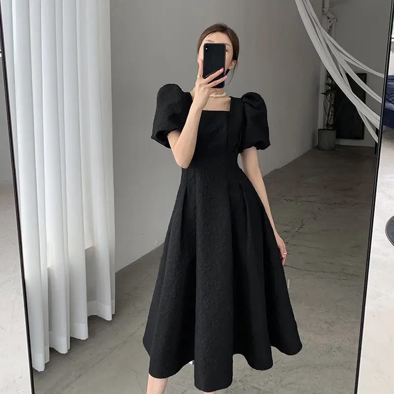 ZYHT Classy Dresses Elegant Square Collar Puff Sleeve A Line Slim Waist Midi Black Dresses Women