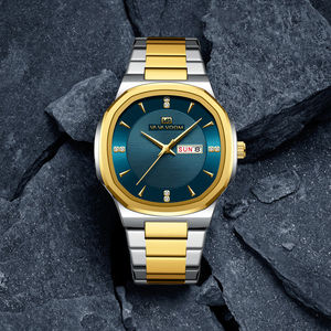 Reloj de pulsera de cuarzo para hombre, estilo hip hop, moderno, con correa dorada completa, calendario dual y fecha. - Product Image 4