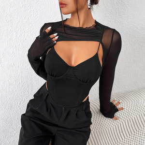 Vente en gros de T-shirts pour femmes Fashion Sexy Splicing Mesh Plus Size Vêtements pour femmes Top à manches longues européen et américain - Product Image 4