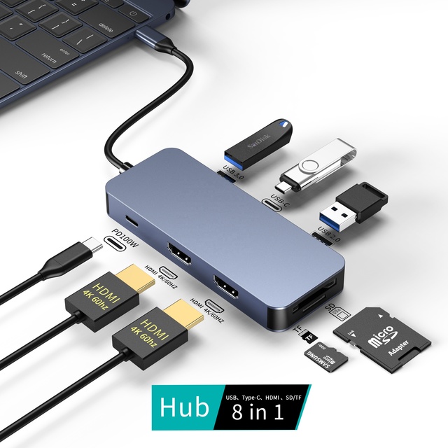 8-in-1 USB-C Hub with Dual 4K60Hz HDTV USB-A 3.0 USB-C PD 100W SD/TF Card Reader for MacBook Aluminium Alloy in Box Packaging