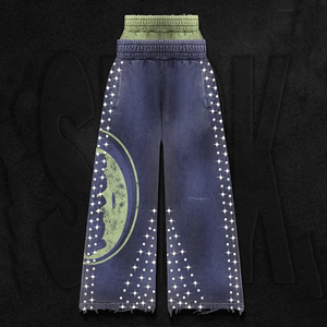 Custom Side Rhinestone Trousers <b>Elastic</b> Waist Acid Washed Double Waist Baggy Wid Leg Stacked Street Style Sweatpants for Men - Product Image 2
