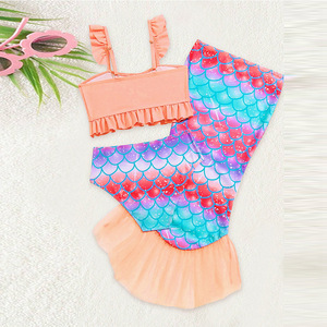 Ensemble <span class=keywords><strong>de</strong></span> maillot <span class=keywords><strong>de</strong></span> bain <span class=keywords><strong>sirène</strong></span> 3 pièces pour <span class=keywords><strong>fille</strong></span>, haut à volants couleur pêche, bas imprimé écailles, <span class=keywords><strong>queue</strong></span> en tulle, maillot <span class=keywords><strong>de</strong></span> bain bikini pour enfants pour la piscine - Product Image 3