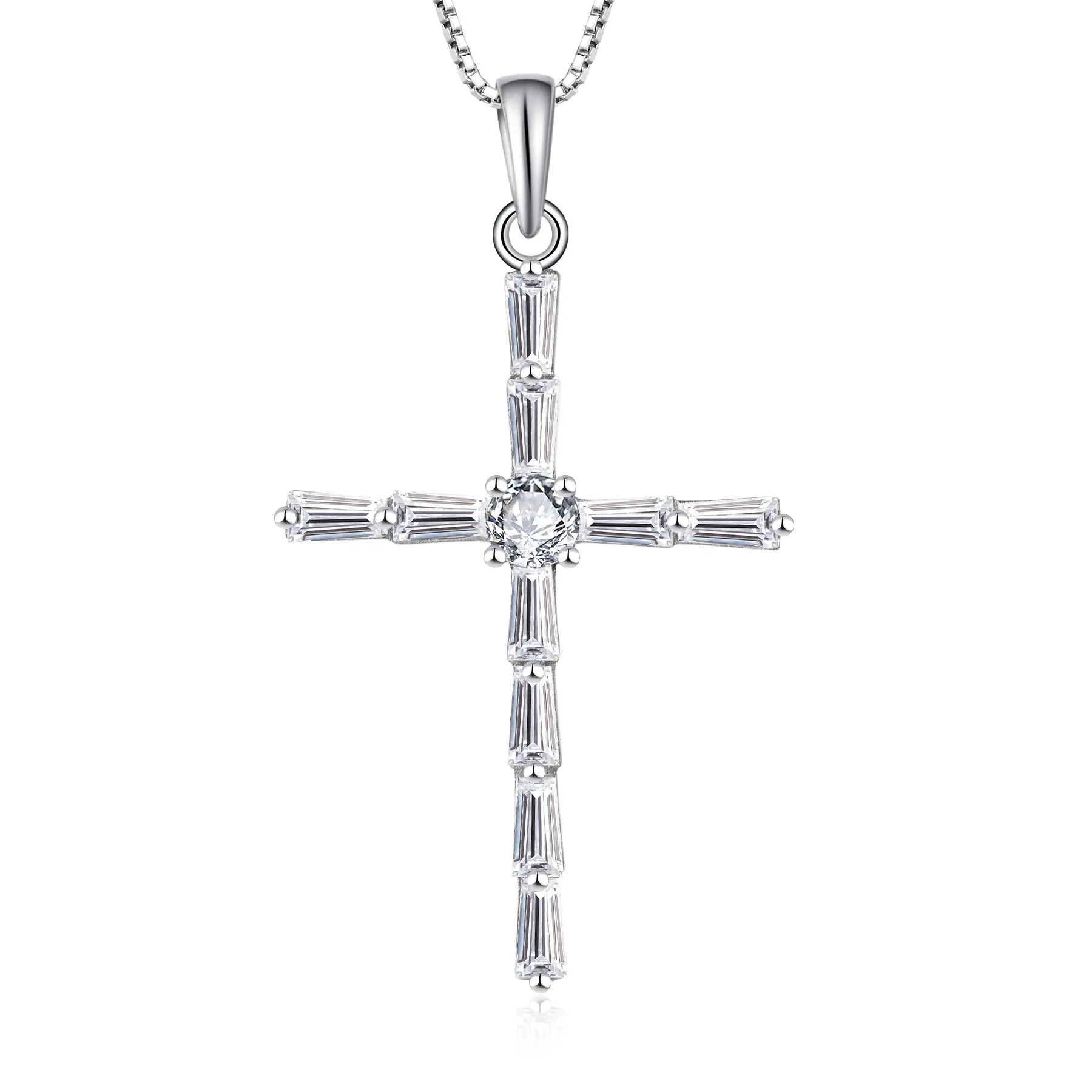 Christian Religious Charm 925 silver baguette stone cross pendant fashion crystal necklace