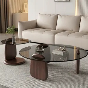 Günstiger runder Couch tisch Set aus 2 Glasplatten Holz modernen kleinen schwarzen nordischen runden Couch tisch