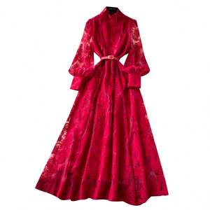 Vestido Midi Casual Entallado de Primavera 2025 para Mujer con Manga Linterna, Bordado y Malla, Rojo - Product Image 5