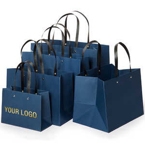 Özel perçin koyu mavi karton Tote çanta giyim kozmetik ambalaj kağıt torba iş sergi hediye Tote - Product Image 1