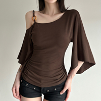 T-shirt vintage perlé pour femme, épaules dénudées, manches volantées, coupe ample, grande taille, haut tricoté d'été, style décontracté streetwear