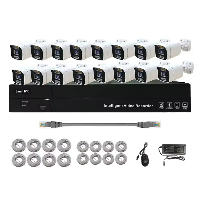 Kit kamera IP HD penuh sistem keamanan rumah 16 saluran, catu daya POE Nvr 5MP sistem kamera Cctv dengan kabel penglihatan malam IR