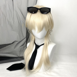 Perruque synthétique longue et droite de marque nationale, blond platine, pour cosplay, en fibre Kanekalon, avec raie naturelle et dentelle transparente - Product Image 2