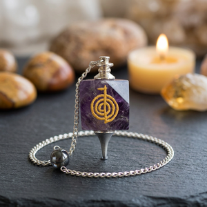 Amethyst Square Pendulum <b>With</b> Gold Symbol Polished Semi Precious Stone Craft For Feng Shui Art Collectible - Product Image 2