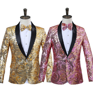 Costume de <span class=keywords><strong>smoking</strong></span> à paillettes rouge brillant, <span class=keywords><strong>col</strong></span> châle, Blazer à paillettes, veste de costume DJ Club scène Blazer Hombre mariage marié chanteur de bal pour hommes - Product Image 1