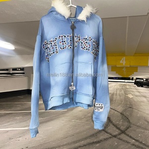 Fabricant de sweats à capuche en fourrure, broderie personnalisée en strass, sweat à capuche zippé pour homme, surdimensionné, épais, effet délavé au soleil, 420 g/m² - Product Image 2