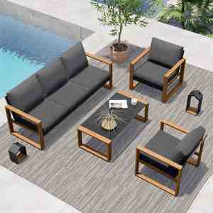 Sofá de Esquina de <span class=keywords><strong>Aluminio</strong></span> para Jardín de Lujo con Diseño de Madera, 5 Piezas con Cojines, Precio - Product Image 1