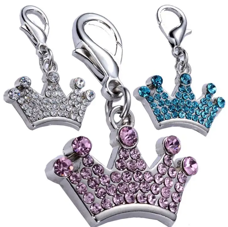 Pingentes de joias de cristal strass, etiqueta de cachorro coroa em forma de pingente para coleira de animais de estimação, acessório de fecho, cão, gato, suprimentos