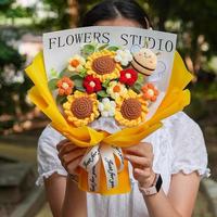 Bouquet de fleurs au crochet tournesol et abeille, rose et jaune, pour décoration de maison, fête ou cadeaux de remise de diplôme