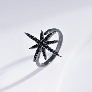 Bague unisexe en cuivre noir, style hip-hop, micro-pavée de zircon, avec pierre naturelle, motif fleur et étoile, plaquée or, style gothique, pour soirée - Product Image 5
