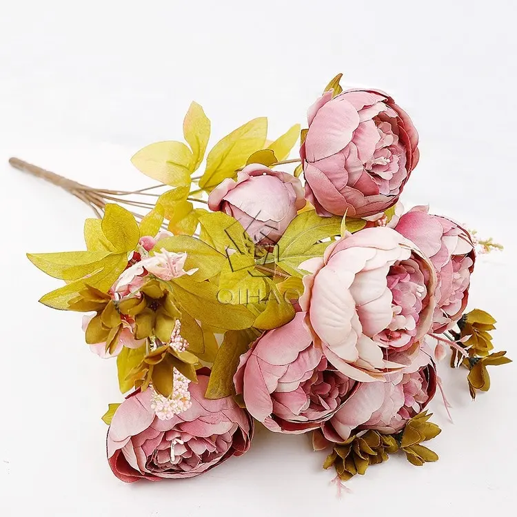 QIHao Amazon Hot Sell Spring Autumn Color 13 Stems 6 Flowers 2 Buds Silk Fabric Artificial Flower Bouquet Peony for Wedding