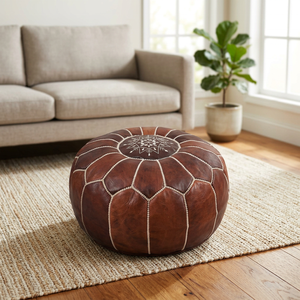 Funda de Puf de Cuero Genuino Hecha a Mano, Bordado Geométrico, Estilo Bohemio, Diseño Cosido, Decoración del Hogar, Cierre con Cordón - Product Image 6