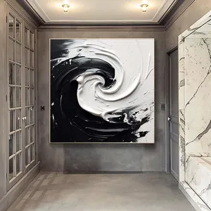 Pintura al Óleo Abstracta de Ondas en Blanco y Negro, Arte Moderno Texturizado en Lienzo para Decoración de Sala de Estar - Product Image 5