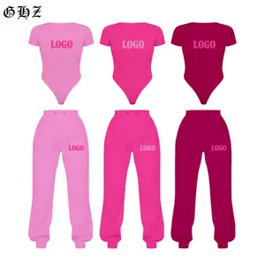 Custom LOGO Organic Cotton 2 Piece Lounge Wear Sets Women Crop Tops Bodysuit Jogger Set Two Piece Loungewear Sets Women Clothing