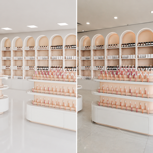 Étagères murales en métal sur mesure, comptoirs de maquillage en MDF de qualité supérieure, design en arc, meubles de magasin de beauté rétroéclairés - Product Image 2