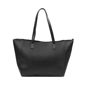 OEM large capacity faux leather shopper bag black plain tote casual basic handbag wholesale for women