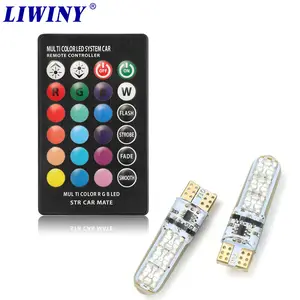 Lw lampu dekorasi mobil silikon, T10 W5W RGB 5050 6SMD LED sisi Wedge lampu kubah lampu baca 12V Flash strobo lampu Remote Control