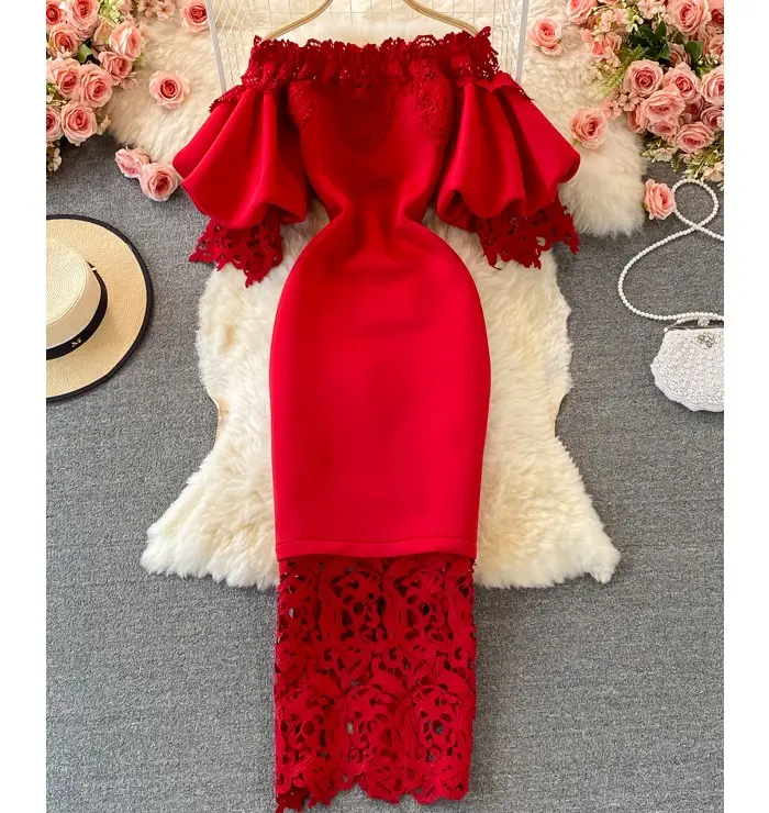 Женское вечернее платье средней длины, Красное Облегающее кружевное платье без бретелек с вырезом лодочкой и рукавами-фонариками