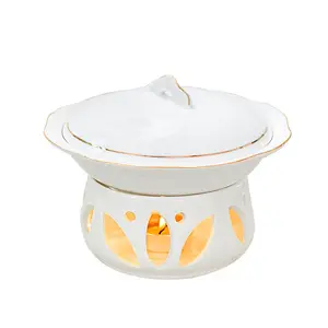 Bol rond à bord en or blanc avec couvercle pots à soupe pour bol à ragoût d'hôtel bol à soupe en céramique profonde à Double oreille