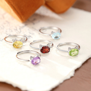 9 Anillos Minimalistas de Piedra Natural con Corte Ovalado de 6*8mm, Ajustables, de Plata Esterlina 925, Joyería con Diseño de Gato para Uso Diario - Product Image 3