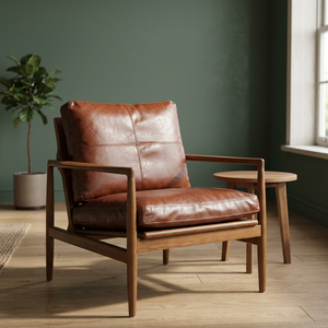 Sillón de Cuero Moderno de Mediados de Siglo con Estructura de Madera, Respaldo Sólido, Silla para Sala de Estar, Tapicería de Cuero Genuino Duradero - Product Image 1