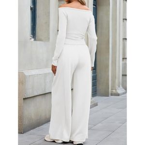 Ensemble Lounge 2 Pièces Fisoew pour Femme : Crop Top et Pantalon Large avec Poches, Tenue Quotidienne Respirante en Maille - Product Image 4