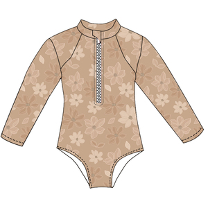 Traje de Baño de una Pieza para Niñas, Diseño Floral Verde Oliva, Manga Larga, Transpirable, con Cierre, para Playa, Verano - Product Image 6