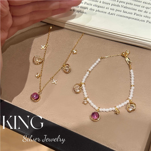 Ensemble collier et bracelet en argent S925 plaqué or avec perle et améthyste, charme étoile, bijoux pour femmes à porter tous les jours - Product Image 1