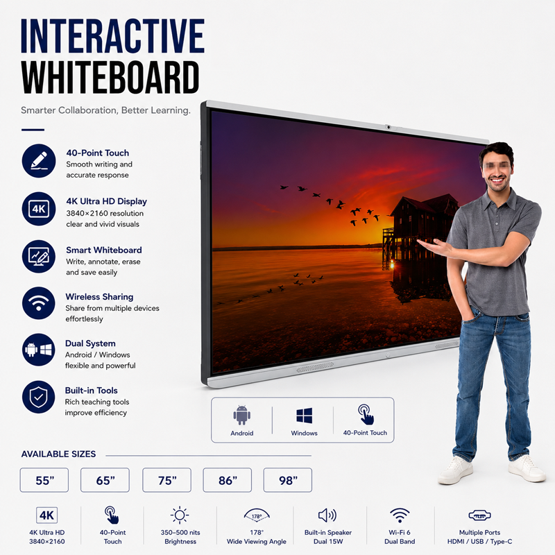 65/75/86/100/110 Inch 40-Point Multi-Touch 4K UHD Interactive Smart LCD ...