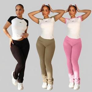 Ensemble deux pièces ajusté pour femme 2026 – Haut à manches courtes et pantalon évasé taille haute – Vêtements féminins - Product Image 1