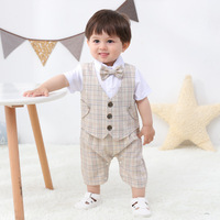 Vêtements pour bébé garçon de qualité supérieure en gros, ensembles formels à carreaux, 18-24 mois, barboteuse d'été pour nouveau-né, 100% coton