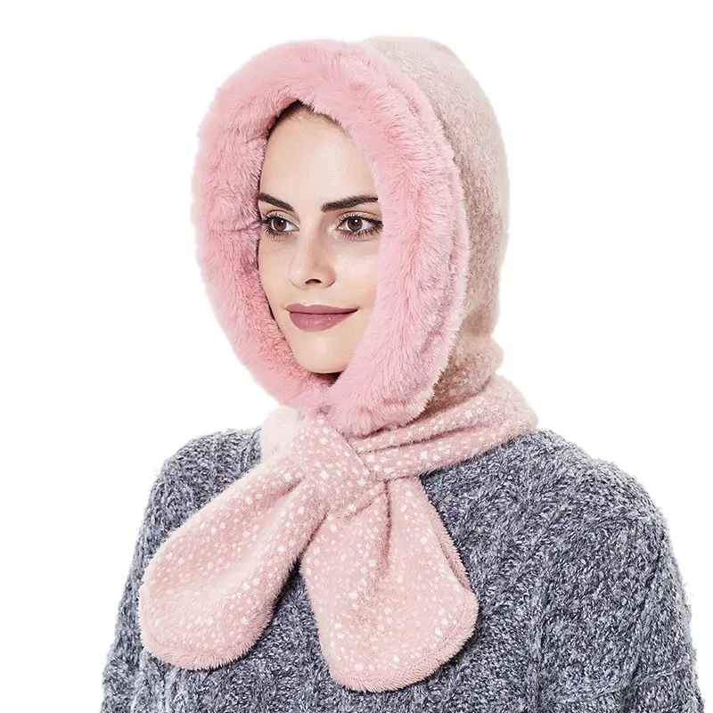 Women's Cotton Scarf and Hat All-In-One for Autumn and Winter Plush Thickened Cold-Proof with Ear Protection Fluffy Warm Design